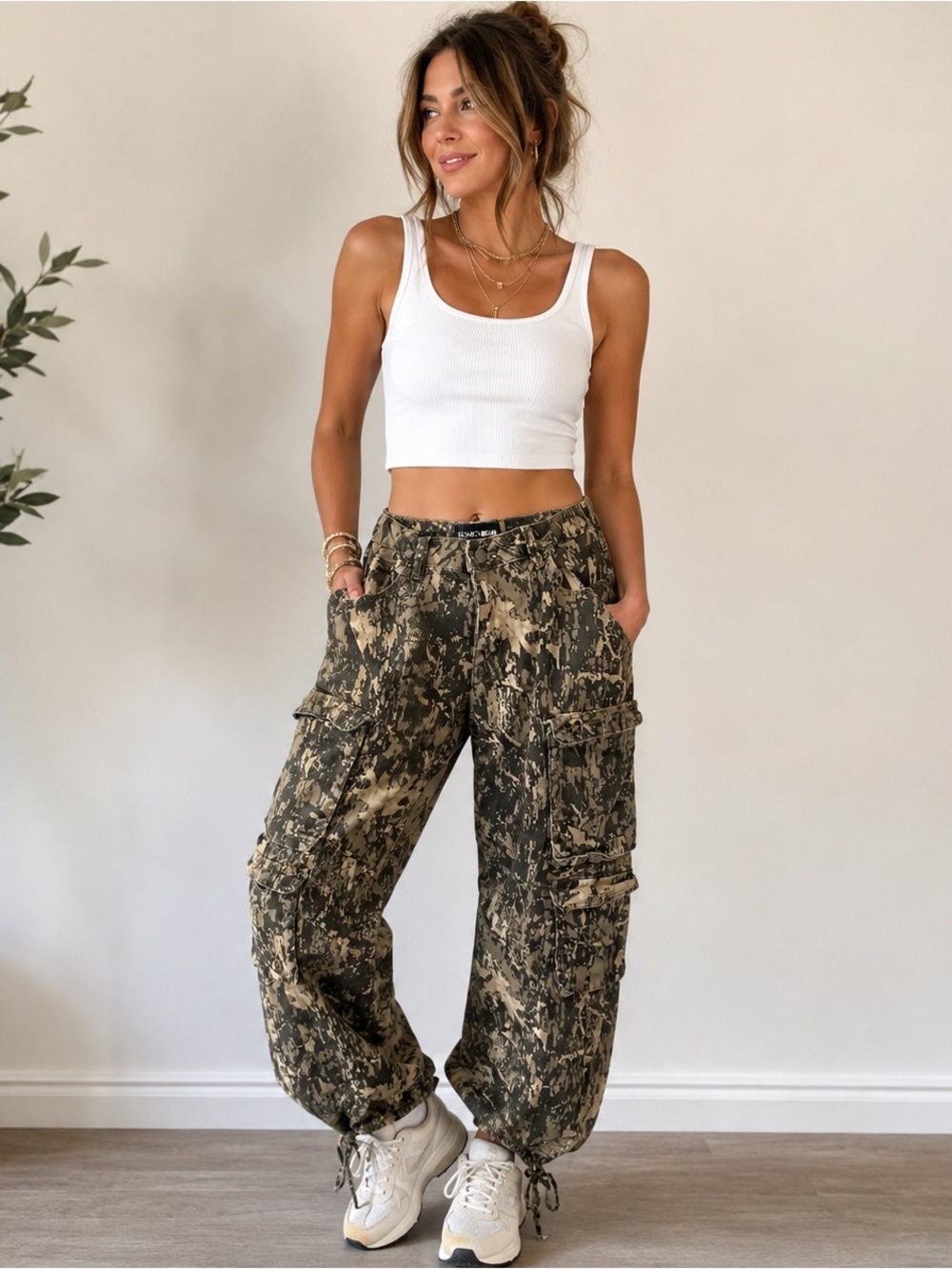 Camo Print Cargo Pants with Tie Ankle